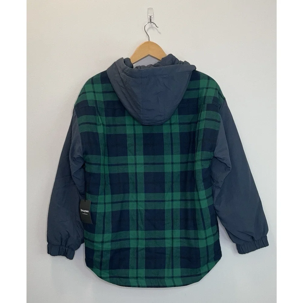 NWT Playboy x Pacsun Mens Plaid Jacket Hoodie Coat Logo Quilted Blue Green XS/S - Picture 2 of 10